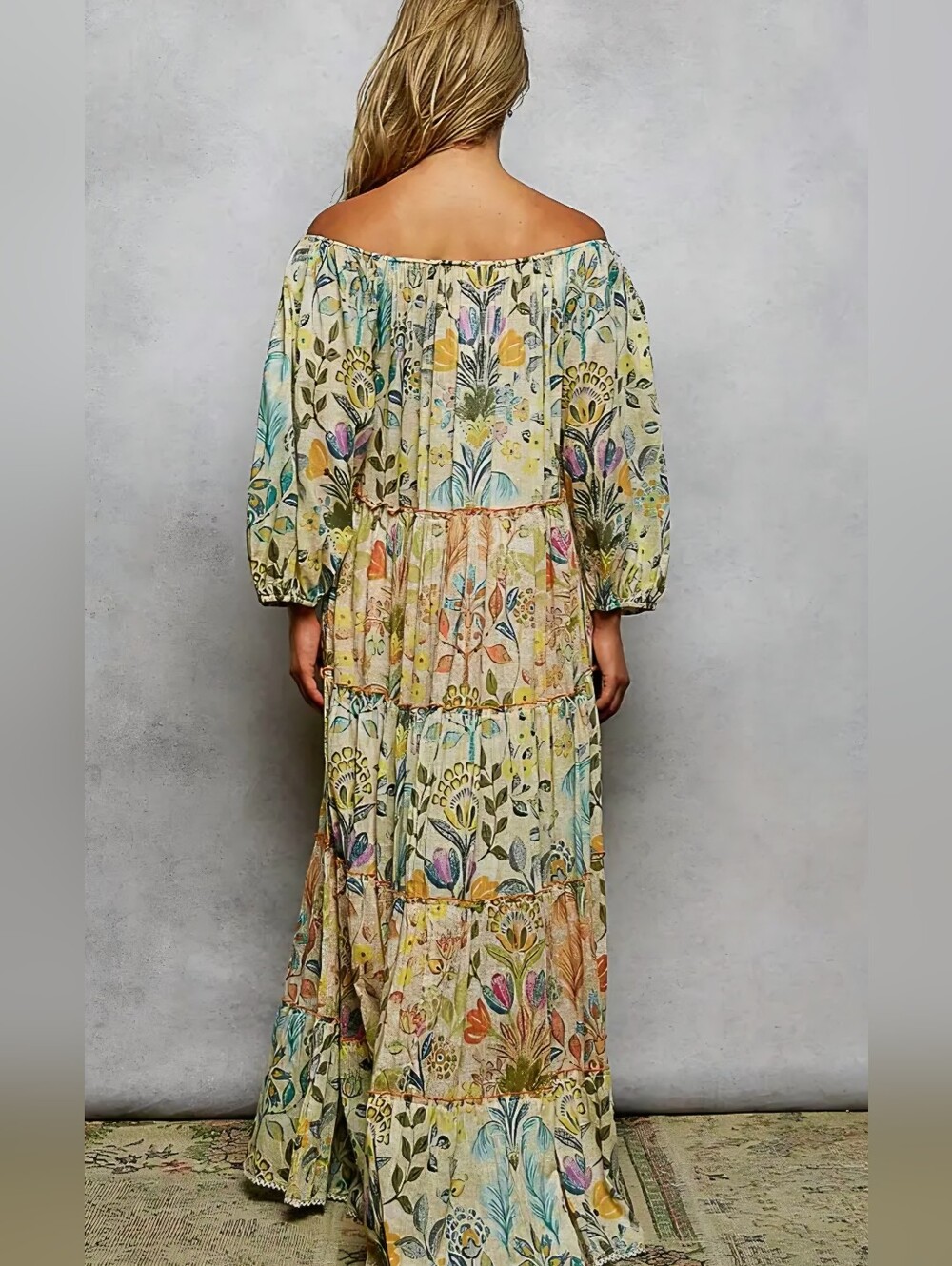 POL Off-Shoulder Floral Tiered Maxi Dress - Yellow, Blue, Green - Picture 4 of 4
